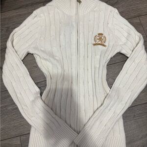 White Cable Knit Zip-Up Sweater